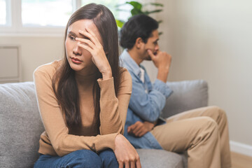 Breakup and depressed, asian young quarrel couple love fight relationship in trouble. Different people are emotion angry. Argue wife has expression upset with husband. Problem of family people.