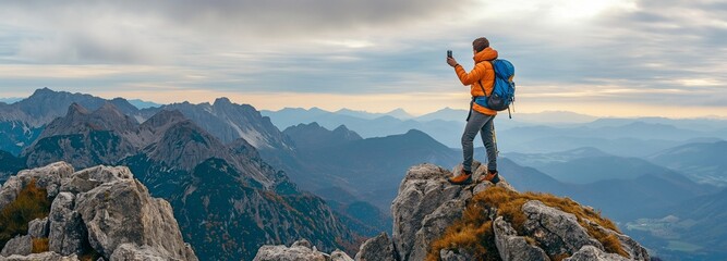 Young hiker man shooting selfie image on top of the mountain