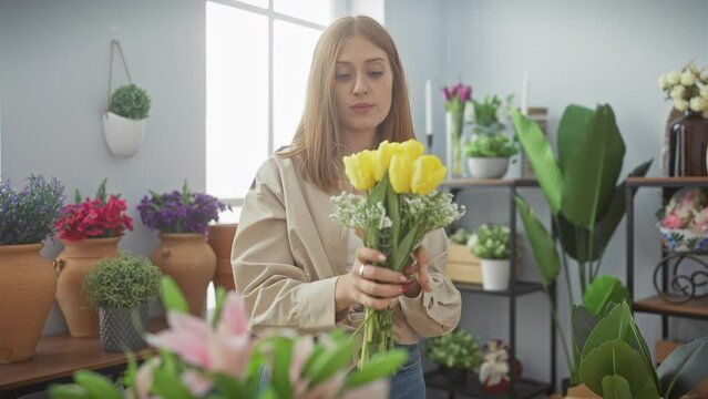 A young woman arranges yellow tulips in a flower shop filled with various plants and pottery.