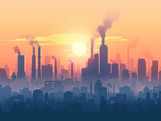 Fototapeta premium Urban Pollution: Smoggy City Skyline in Flat Design Illustration