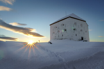 Kristiansten festning - fortress on the hills above Trondheim, Norway. Evening light in winter time.