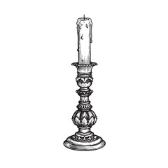 Hand drawn sketch style vintage candlestick with burning candle.  Retro pen and ink, engraved vector illustration isolated on white.