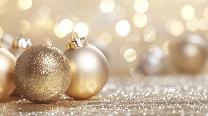 Golden Christmas baubles with glitter and bokeh background lighting.