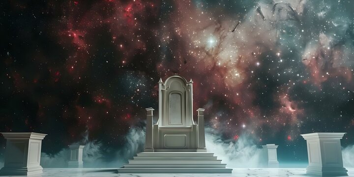 A majestic white throne against a cosmic backdrop where humanitys fate is determined. Concept Fantasy, Throne, Cosmic, Destiny, Humanity