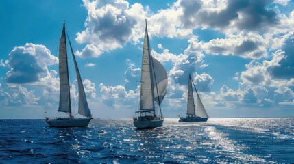 ships sailing white sea yachts open sails generation AI yacht sailboat travel summer ocean water...