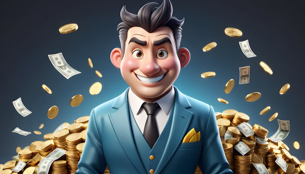 A cheerful cartoon businessman in a blue suit stands in front of a large pile of gold coins and floating dollar bills.