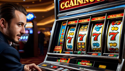 Naklejka premium A man in a suit playing a slot machine in a casino. The slot machine displays a winning combination of three sevens.