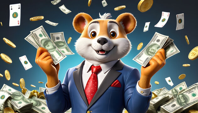 A cheerful anthropomorphic dog in a suit holding bundles of cash with coins and more cash floating around.
