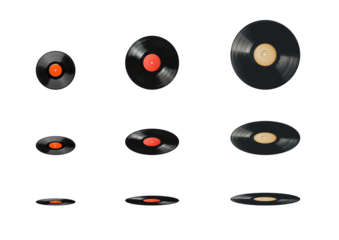 retro vinyl disk in various perspective angles. Old disc. Music label concept. Isolated transparent background PNG. Black lp album record. 