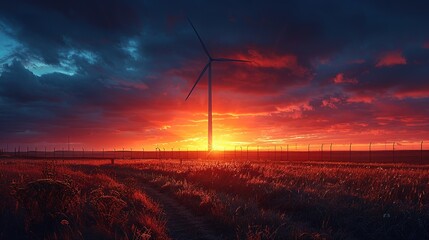 Obraz premium Realistic photo of a wind turbine silhouetted against a dramatic sunset, capturing the beauty and potential of renewable energy. , Minimalism,