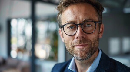 Fototapeta premium Confident male executive headshot in contemporary workspace