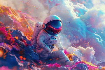 Astronaut in a vibrant, colorful alien landscape with a stunning sky background, evoking a dreamlike and surreal exploration atmosphere.