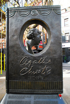 Bronze memorial to author Agatha Christie (2012, Ben Twiston-Davies), Cranbourne Street and Great Newport Street. London, UK
