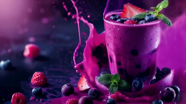 A refreshing berry smoothie splashes from a glass, surrounded by strawberries, blueberries, raspberries, and mint leaves. The vibrant colors pop against the dark background, creating a lively and