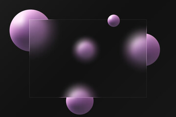 Banner made of transparent frosted glass with spheres on a black background.