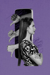 Vertical collage picture young woman social media smartphone screen cyberbullying estimate shaming dislike thumb down gesture