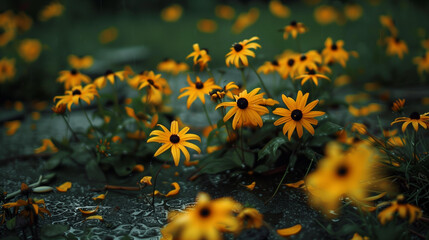 Yellow flowers after heavy rain