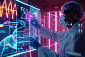 Scientist in a lab using advanced touchscreen interfaces with holographic data and graphs, highlighted by neon lights.