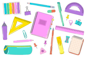 School elements set in flat style. Pen, pencil, eraser, pencil case, notepad, sharpener, ruler, paper clip