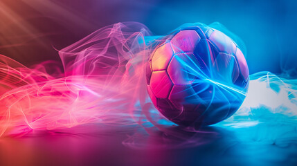 bright neon soccer ball, football, pink, blue color, background