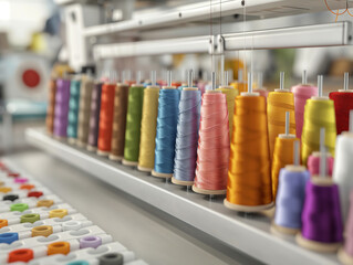 A Close-Up View of a Thread Spool Rack with Various Colored Thread