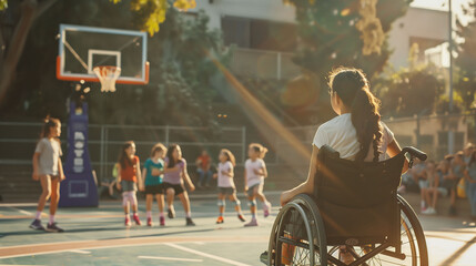 A disabled girl is watching her friends playing