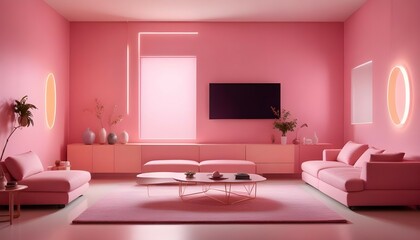 A futuristic living room with unique, geometric furniture arrangements and vibrant LED lighting casting colorful shadows on gradient walls, captured in sharp detail.