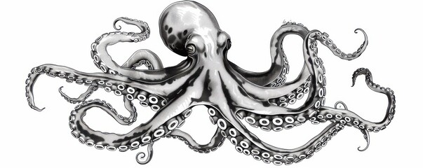 A black and white drawing of an octopus with its tentacles spread out.