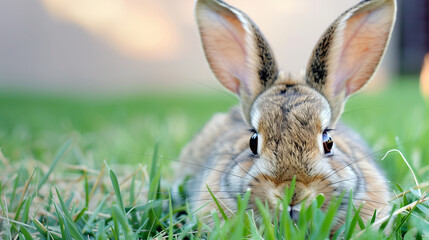 Obraz premium Rabbit in Grass Close-Up Photograph with Green Background