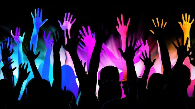 show music raised crowd silhouettes hands silhouette people hand party festival adult pop arm air audience background back light celebration club concert dance disco dj.