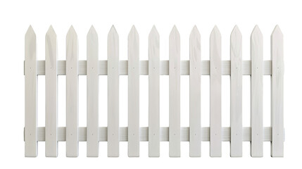 A classic white wooden picket fence with evenly spaced vertical slats, representing a traditional and charming look for gardens and yards.