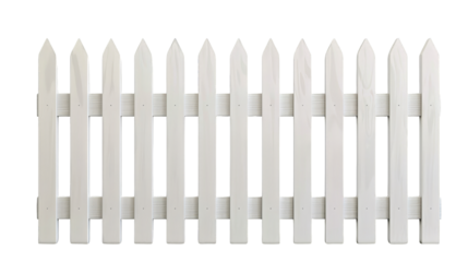 A classic white wooden picket fence with evenly spaced vertical slats, representing a traditional and charming look for gardens and yards.