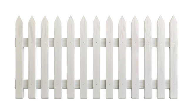 A classic white wooden picket fence with evenly spaced vertical slats, representing a traditional and charming look for gardens and yards.