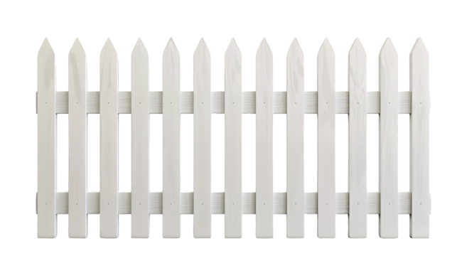 A classic white wooden picket fence with evenly spaced vertical slats, representing a traditional and charming look for gardens and yards.