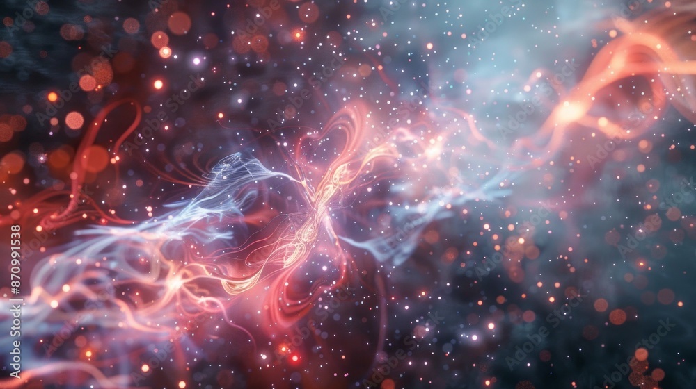 Poster a mesmerizing abstract image depicting the concept of quantum entanglement. swirling strands of ligh