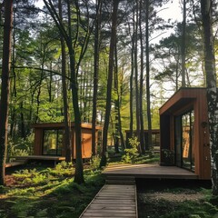Modern wooden cabins in a forest