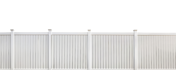 Horizontal view of a tall white slatted vinyl privacy fence against a clear, ideal for residential or commercial property use.