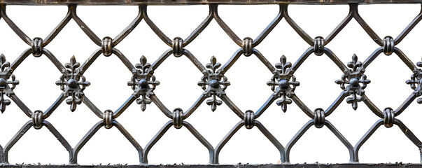 Ornate metal fence with intricate floral patterns and crisscross design. Ideal for architecture and design projects requiring elegant metalwork.