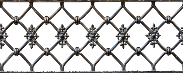 Ornate metal fence with intricate floral patterns and crisscross design. Ideal for architecture and design projects requiring elegant metalwork.