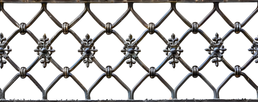 Ornate metal fence with intricate floral patterns and crisscross design. Ideal for architecture and design projects requiring elegant metalwork.