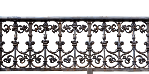 Ornate wrought iron railing with intricate floral patterns and vintage design, isolated on a white background, ideal for architectural inspiration.