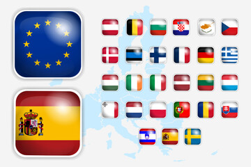 All Europe Flags rounded square shape with shadow and glow. buttons isolated on white