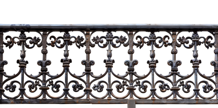Ornate wrought iron railing with intricate floral patterns and vintage design, isolated on a white background, ideal for architectural inspiration.