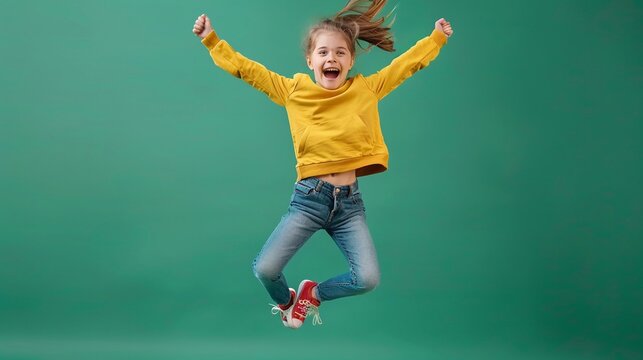 Una bambina salta con gioia. Sfondo azzurro 