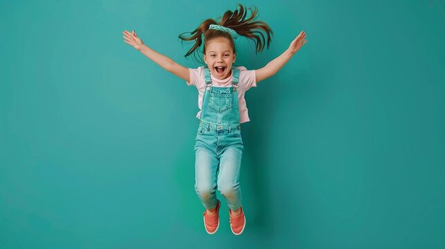 Una bambina salta con gioia. Sfondo azzurro 