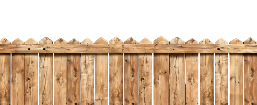 Wooden fence with textured planks and pointed top edges. Isolated on a transparent background for graphic design and architectural projects.