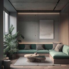 Modern living room with large windows and indoor plants