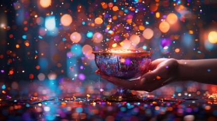 Hand holding a vibrant, glowing bowl with colorful particles, creating a magical and festive atmosphere with bokeh lights.