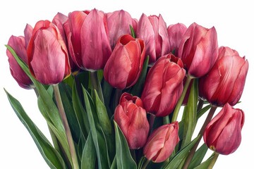 Obraz premium Beautiful bouquet of pink tulips with green leaves isolated on white background, perfect for spring and floral themes.