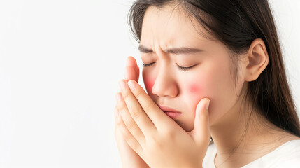 Fototapeta premium Dermatology asian young woman allergy, allergic reaction from atopic, insect bite, scratching itchy back of hand, red spot or rash of skin. Healthcare treatment of beauty. Isolated on white background